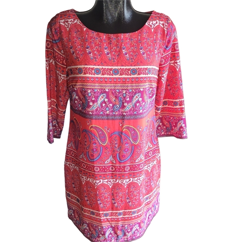 Old Navy Paisley Print Red Shift Dress with Cropped Sleeves Size M